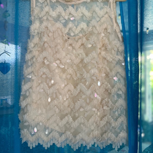 Anthropologie BLUE TASSEL Ivory semi sheer ab sequined top with camisole. Medium - Picture 1 of 5